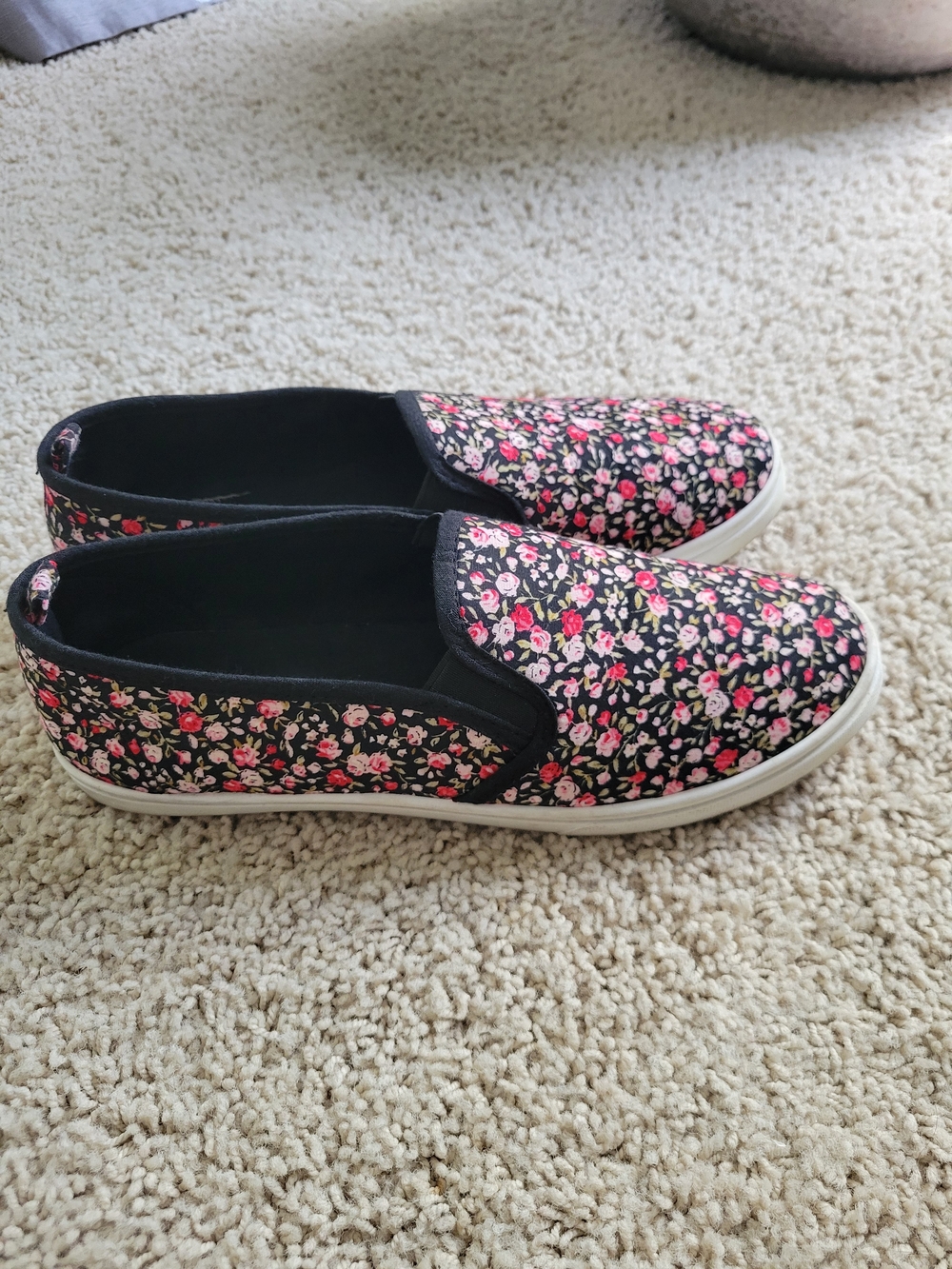Floral Slip-On Sneakers - Black with Pink Rose Print